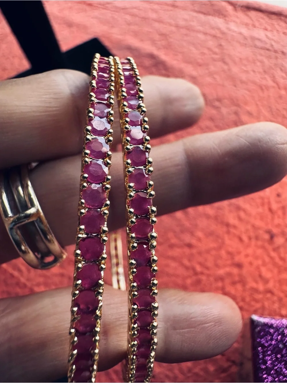 Gold-Tone Pink Stone Bangle Bracelets - Women Jewelry 2.8 size